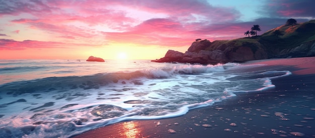 The colorful sunset is seen from the blue pink sea beach with the waves gently flowing onto the shore