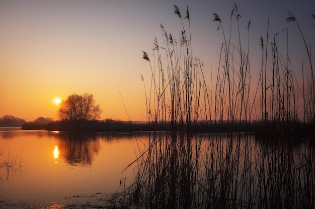 Colorful sunset over lake. Red and orange sky. Morning scene