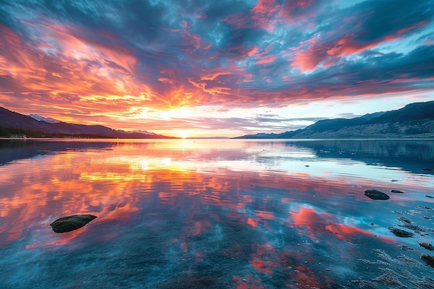 a colorful sunset over a lake with mountains and clouds in the sky