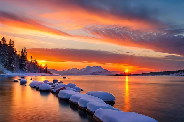 A colorful sunset over a lake with snow covered mountains and a colorful sunset.