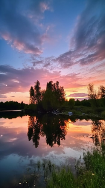 A colorful sunset over a lake with trees and a sky with clouds