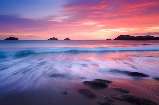 A colorful sunset over the ocean with a pink and blue sky