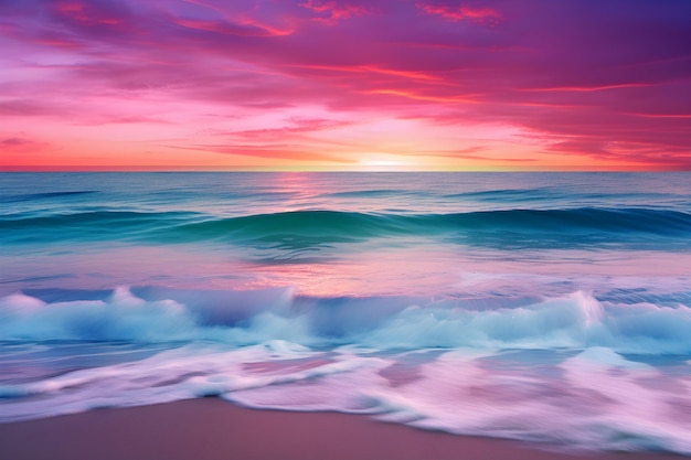 A colorful sunset over the ocean with a pink and purple sky.