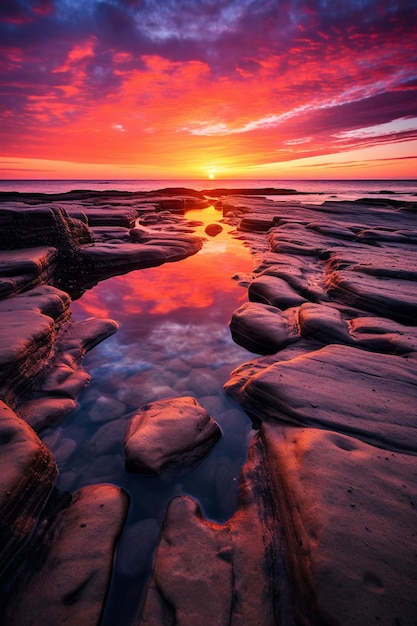 A colorful sunset over the ocean with a purple sky and a pink and orange sky.