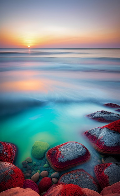 A colorful sunset over the ocean with rocks in the water