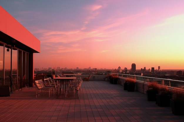 Colorful sunset on the restaurant terrace View of the city with skyscrapers in the distance