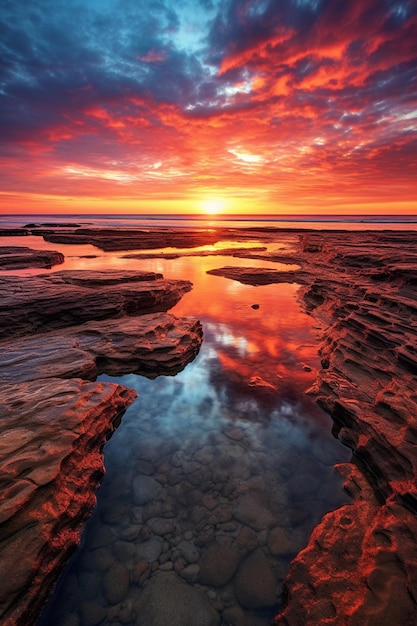 A colorful sunset over a rocky beach with a red sky and clouds.