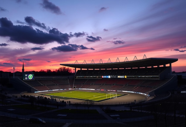 a colorful sunset sky over a sports stadium