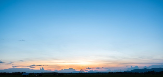 Colorful sunset and sunrise with clouds.Blue and orange color of nature.Many white clouds in the blue sky.The weather is clear today.sunset in the clouds.The sky is twilight.