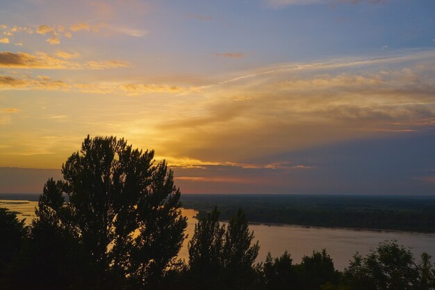 Colorful sunset on the Volga River in Nizhny Novgorod, Russia.