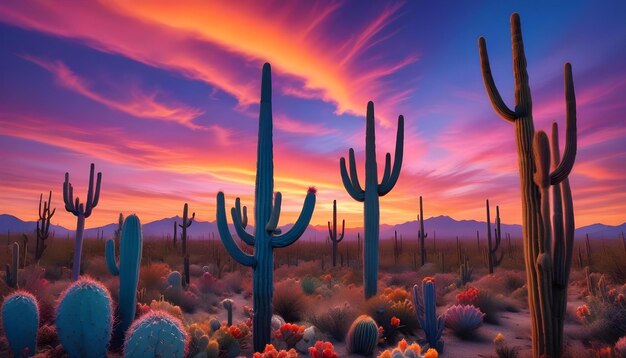 a colorful sunset with cactus cactus and desert landscape