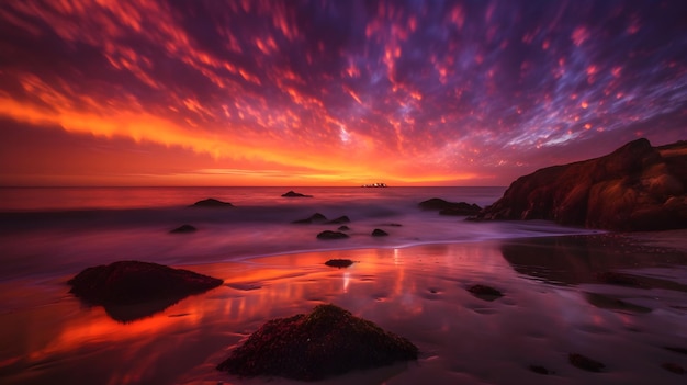 A colorful sunset with a colorful sky and rocks