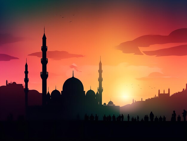 A colorful sunset with a mosque in the foreground.