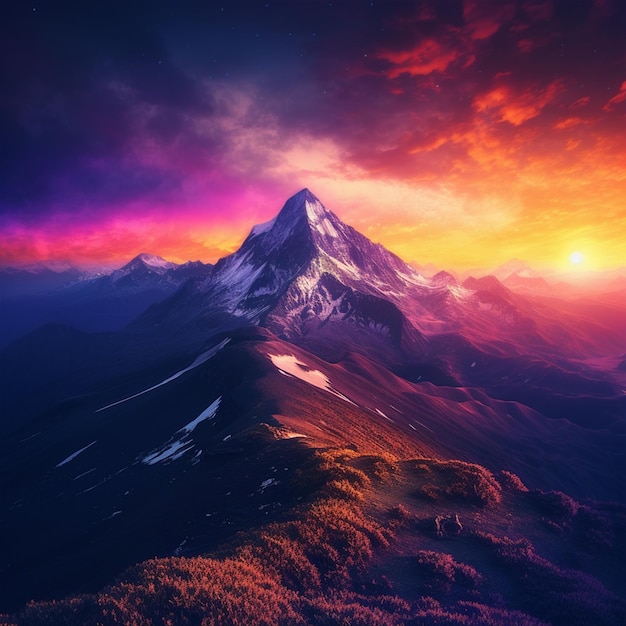 A colorful sunset with a mountain in the background