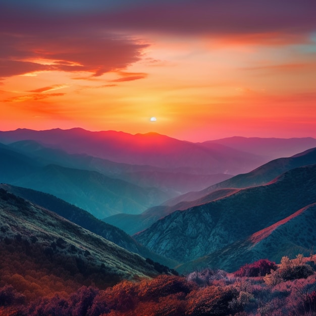 A colorful sunset with mountains in the background