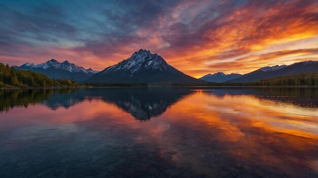 Photo a colorful sunset with mountains and trees in the background