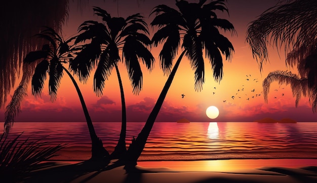 A colorful sunset with palm trees on the beach