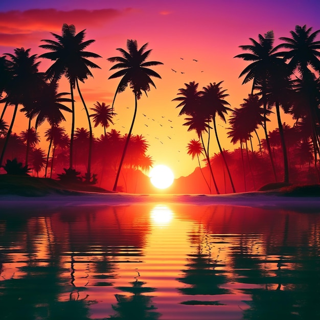 a colorful sunset with palm trees and the sun in the background