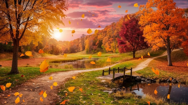 Photo a colorful sunset with a path leading to a pond and trees with fall leaves