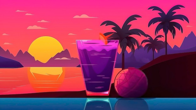 A colorful sunset with a purple cocktail in front of a tropical landscape.