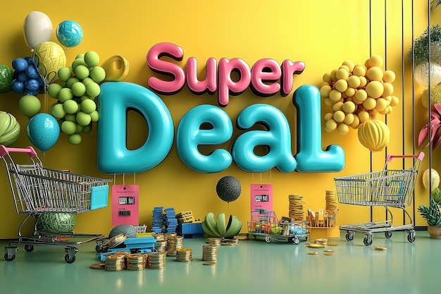 Colorful Super Deal text in shopping cart with fruits gifts and balloons