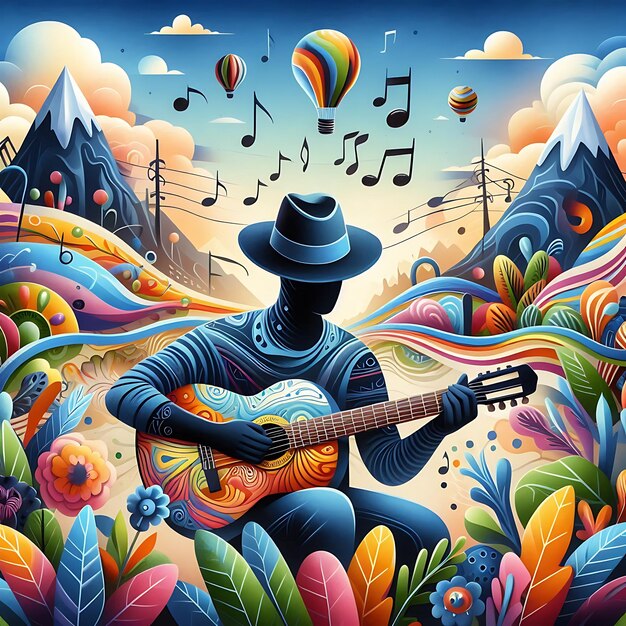 Photo a colorful surreal illustration of a person wearing a hat and playing an acoustic guitar