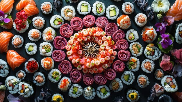 Photo colorful sushi mosaic hyper realistic digital painting of intricate japanese cuisine from top down view