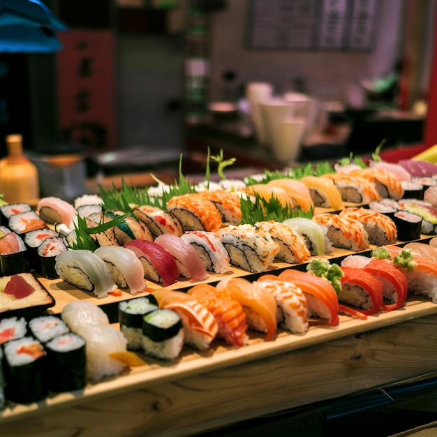 Colorful sushi platter showcasing an array of sushi rolls with stunning views generated by AI