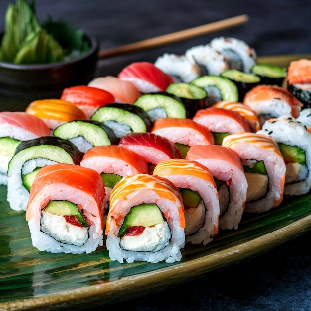 Colorful sushi platter showcasing an array of sushi rolls with stunning views generated by AI