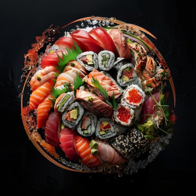 Photo colorful sushi platter with assorted rolls and sashimi beautifully arranged on a dark background ideal for food blogs culinary websites and menu displays vibrant and appetizing food photography ai