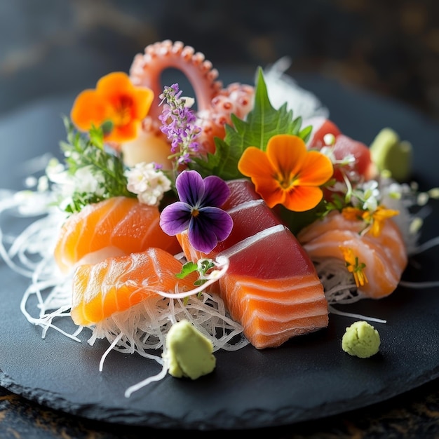 Photo colorful sushi platter with fresh seafood and edible flowers presented on a dark slate board