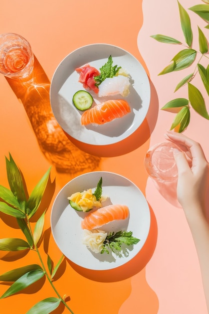 Photo colorful sushi presentation on pastel plates with fresh ingredients and vibrant orange background