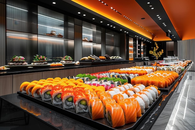 Photo colorful sushi rolls displayed at a modern sushi bar during lunch hours