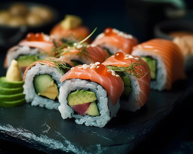 Colorful sushi rolls with tuna salmon and avocado Generative AI