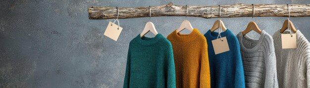 Photo colorful sweaters displayed on a wooden hanger against a textured background showcasing contemporary fashion design