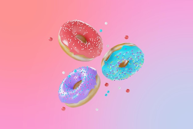 Colorful sweet donut desserts with sprinkles 3d rendering