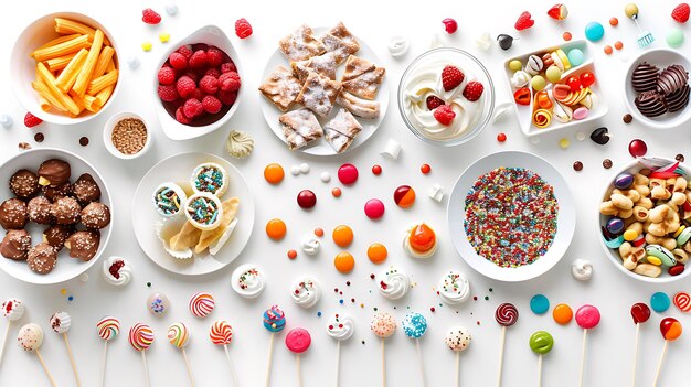 Photo colorful sweet treats and candy arranged on a white background