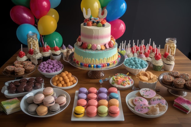 Colorful sweets party cupcakes brigadeiros macarons and decorated cake Balloons