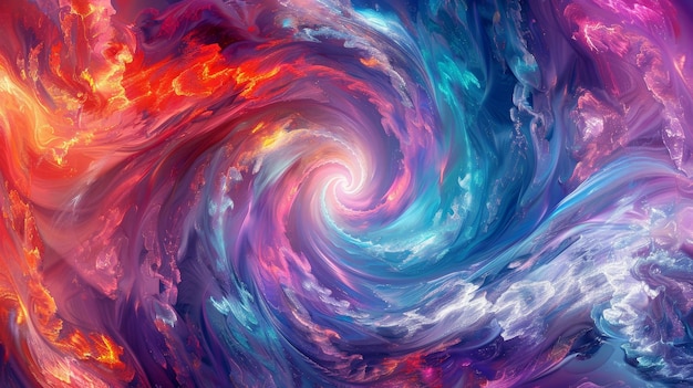 A colorful swirl of light and color with a blue and red center