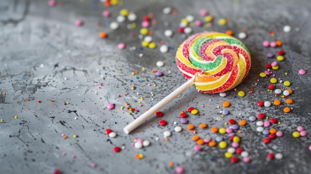 Photo colorful swirl lollipop on grey surface with scattered sprinkles