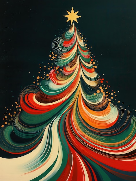 Photo colorful swirling lines form a unique christmas tree silhouette adorned with a bright star at the top set against a dark backdrop generative ai