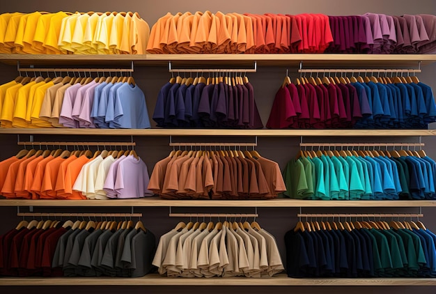 colorful t shirts are on a shelf at retail shop in the style of trompeloeil folds