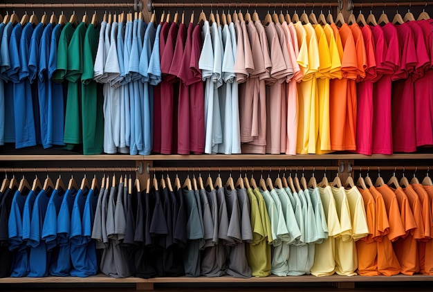 colorful t shirts are on a shelf at retail shop in the style of trompeloeil folds