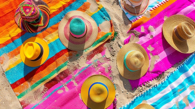 a colorful table cloth with hats on it and a colorful blanket