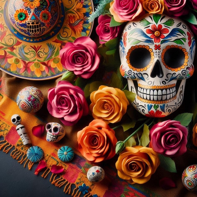 a colorful table cloth with a skull and flowers on it