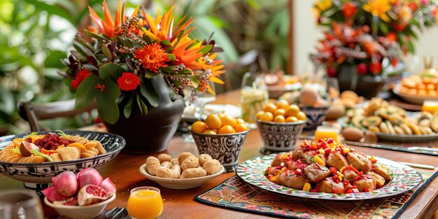 A colorful table set with traditional Brazilian Festa Junina foods and decorations