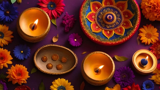 a colorful table with candles and flowers on it