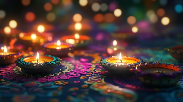 Photo a colorful table with candles and lights on it