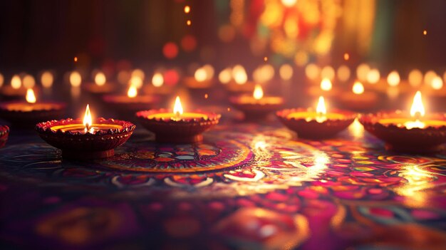 a colorful table with candles lit in the middle