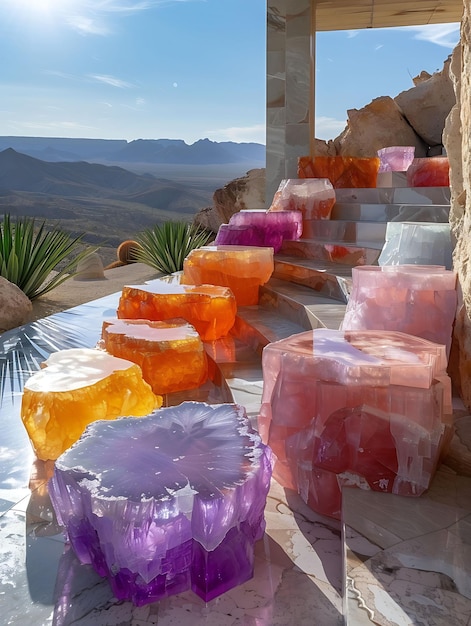 a colorful table with colorful chairs and mountains in the background